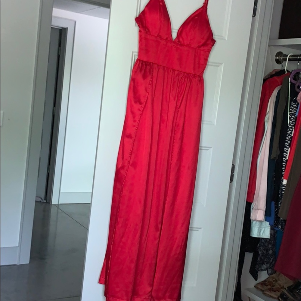 Satin red sexy floor length dress
